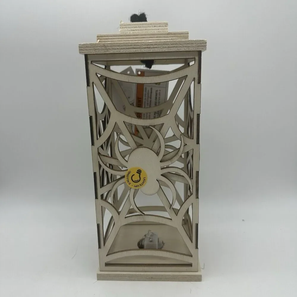 2PC Halloween Wooden Spider Lantern LED Light Up Centerpiece Decoration